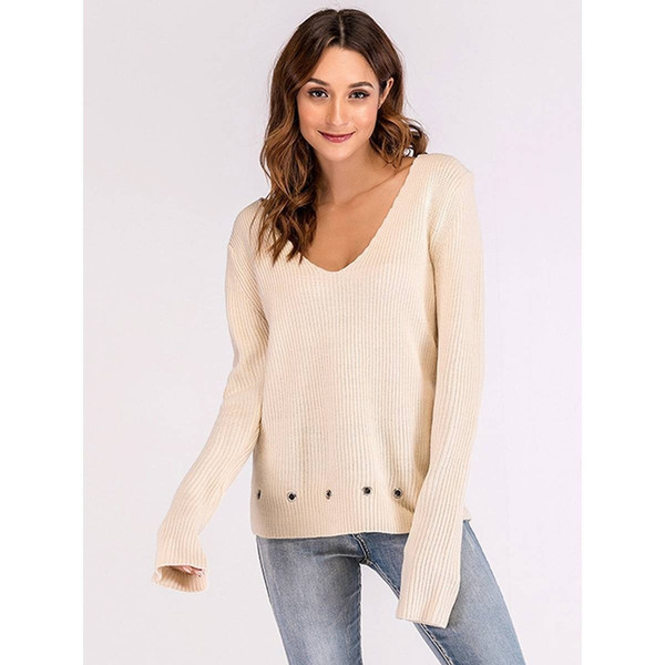 Women's Sweater Solid Color Metal Decor Hollow Out V Neck Loose Pullover