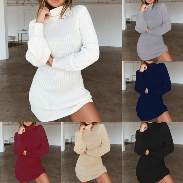 Women Autumn Winter Long Sleeve Knitted Sweater Ladies Keep Warm Knitting High Collar Slim Fit Bottoming Mini Knitting Dress