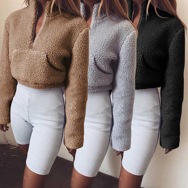 Autumn Winter Women's Solid Color Long Sleeve Lambskin Jacket Stand Collar Zipper Short Sweater Pocket Jacket