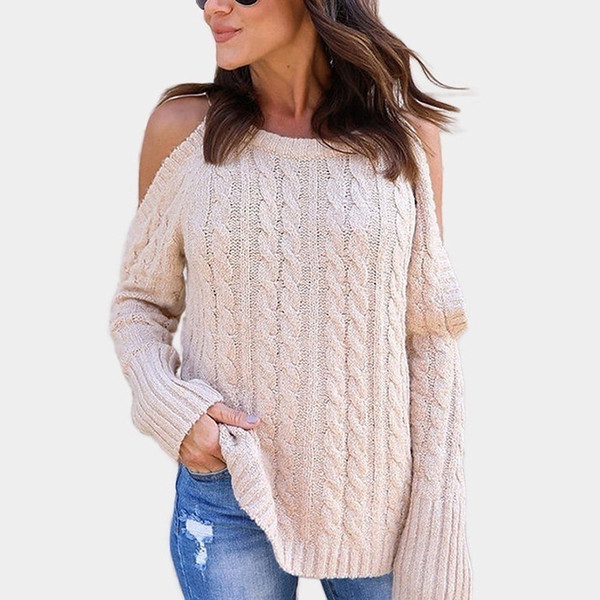 2018 Autumn and Winter Knitted Sweater Long Sleeved Halter Neck Cold Shoulder Twist Sweater Tops