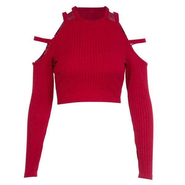 Ladies Sexy Solid Burgundy Knitted Crop Tops Women Autumn Cold Shoulder Long Sleeve Sweaters