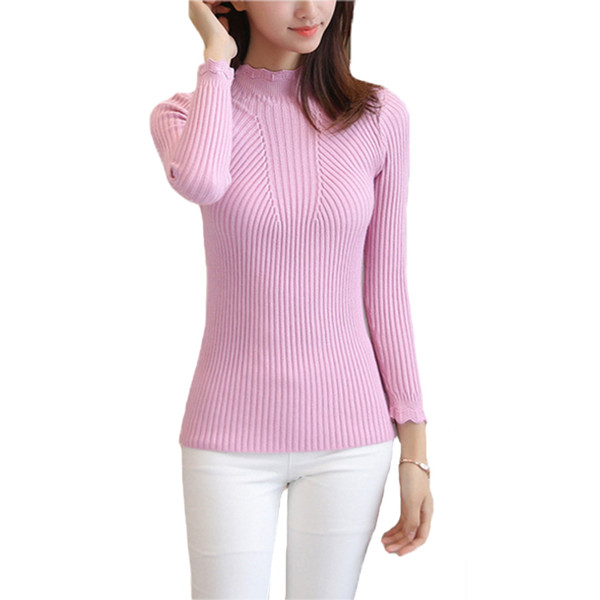 Solid Colors Slim Fitting Knit Sweater Women Autumn Winter Long Sleeve Lace O-Neck Knitted Pull Tight Pullover Pink Tops