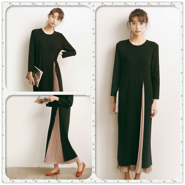 2018 Autumn New Women's Knit Bottoming Shirt Round Neck Split Dress Long Loose Sweater