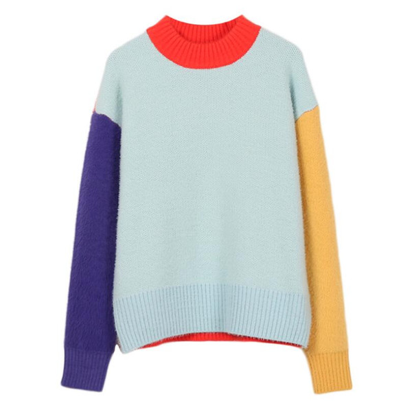 Sweet Color Block Imitation Mink Sweater 2019 New Autumn Winter Patchwork Jumper Women Long Sleeve Pullovers Knit Tops