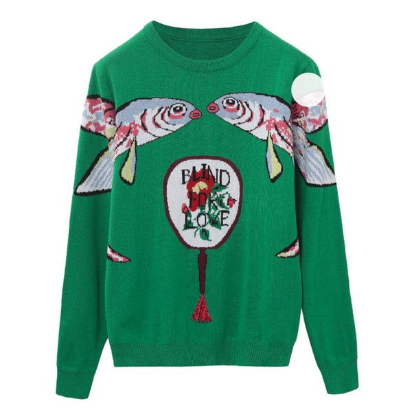 Autumn Winter Green Knitted Sweaters Pullovers Women Double Fish Female Ladies Christmas Jumper Clothes