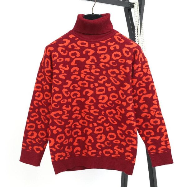 Women Sweater Pullover Knitted Tops Red Leopard Thicken Jumper Fahion Turn-down Collar Sweaters Autumn Winter