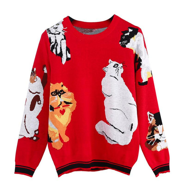 Christmas Funny Tops Lady's Sweater 2018 New Sweet 7 Cats Pattern Red Knit Pullover Chic Women Jumper