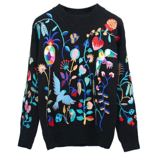 Women New Vintage Warm Sweaters Bird Floral Embroidery Pullovers Winter Autumn Knitted Retro Loose Tops Blusas