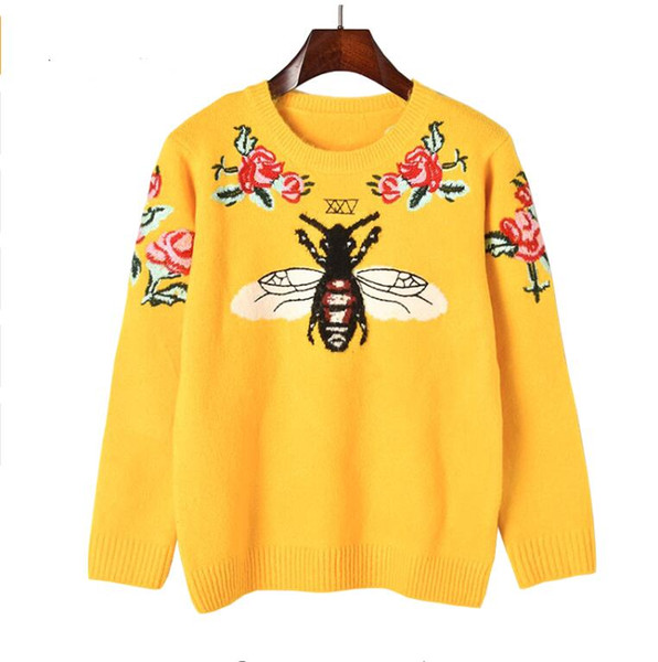 Fashion Women Sweater Autumn Winter Floral Embroidery Bee Animal Sweaters Long Sleeve Yellow Pullover Jumper Tops