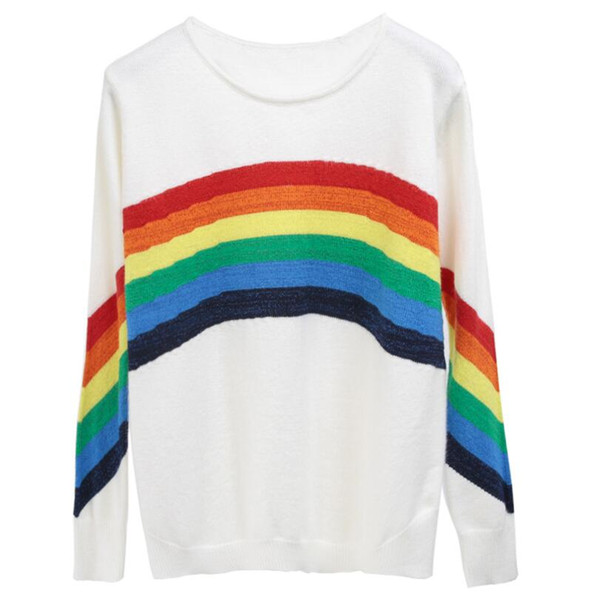 2018 Winter Runway Design Rainbow Striped Knitted Sweaters Women Harajuku Long Sleeve Loose Pullovers Pull Jumper Tops Clothing