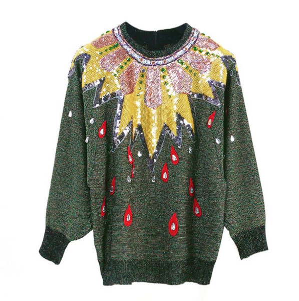 High Quality Chic Sequins Diamond Sweaters Pullovers Women Autumn Winter Batwing Sleeve Runway Designer Jumpers Clothes