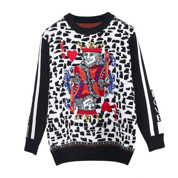 Playing Cards Sweater Fashion Streetwear Female Autumn Winter Leopard Jacquard Pullover Tops Poker K Embroidery Pull