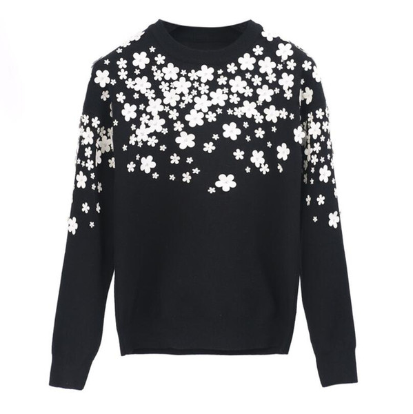 Women Fashion Pullover White Floral 3D Beading Slim Autumn Winter Sweater Simple Vintage Knitted Top Slim Blusas