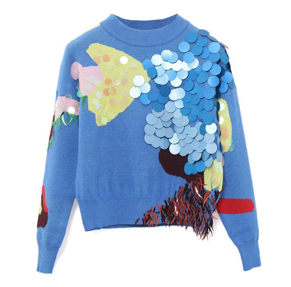 Spring New Fashion Women Short Sweaters Full Sleeve O-Neck Sequined Blue Pullovers Computer Knitted Pageant