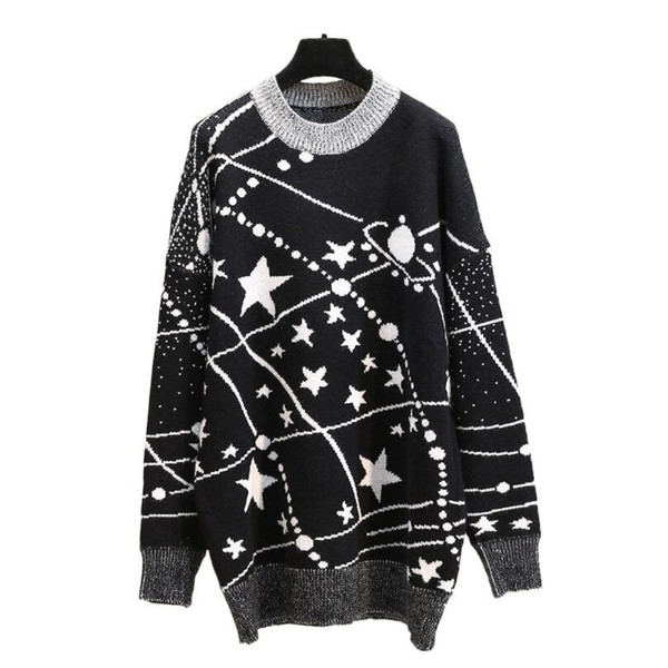 Black Star Pattern Jacquard Sweater For Women 2018 New Autumn Winter Warm Jumper Galaxy sweater Loose Pullover Knit Tops