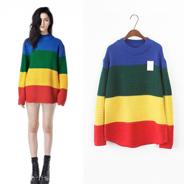 Rainbow Harajuku Dark Retro Street Europe and America Loose Striped Gradient Sweater Knitwear Turtleneck