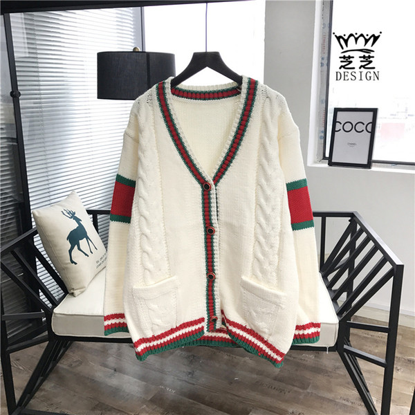 2019 Spring Autumn Luxury Women Designer Sweaters Coat Loose Color Matching V-neck Woolen Cardigan Designer Sweater