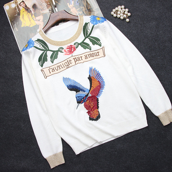 Free Shipping 2018 White Long Sleeves Rose bird Embroidery Women's Sweaters Brand Same Style Pullovers Women DH081606