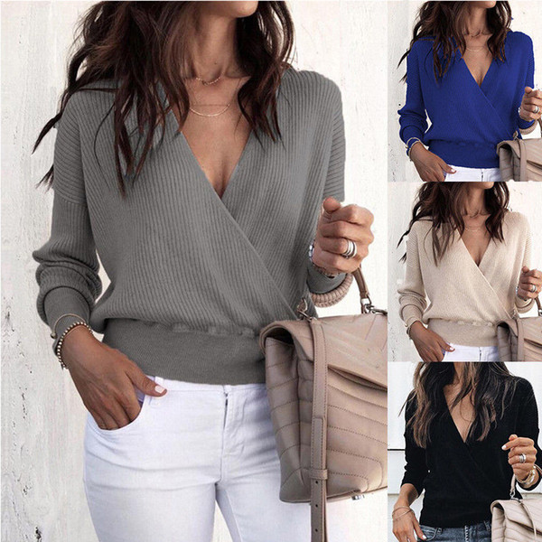 Maikun New Brand Women Sexy Sweater Deep V Collar Cross Bat Long-sleeved Sweater Top 5 Colors 4 Sizes