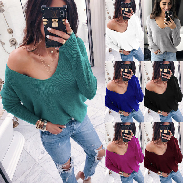 Maikun Brand New Pure Color Sexy V Collar Long Sleeve Loose Sweater for Women 7 Colors 4 Sizes