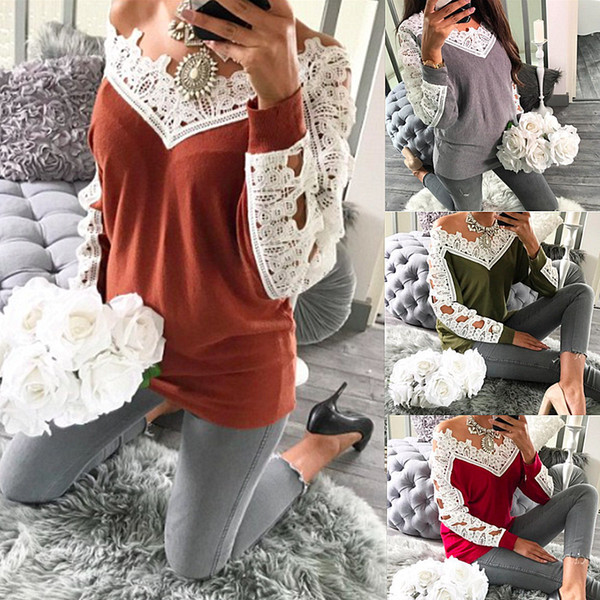 Maikun Brand New Casual Beauty Lace Stitching Long Sleeve Sweater for Women 4 Colors 4 Sizes