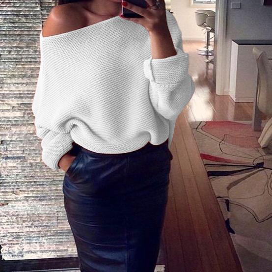 Autumn Sexy Off Shoulder White Women Sweaters Ladies Jumper Slash Neck Long Sleeve Pullover Loose Casual Knitwear FS5743