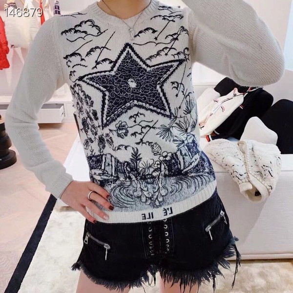 Women Spring Runway Vintage Pentagram Letter Embroidery Sweater Wool Cashmere Pullover Knit Creamy-White Sweater High Quality Fashion