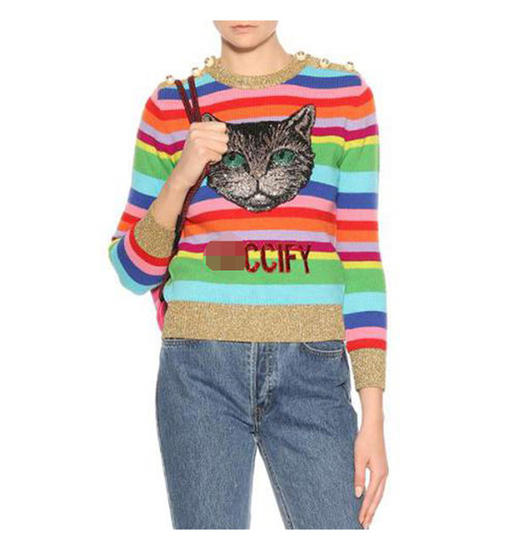 2018 Autumn Rainbow Striped Long Sleeves Women's Sweaters Designer Shoulder Beads Sequins Embroidery Letter Print Pullovers Women 91808