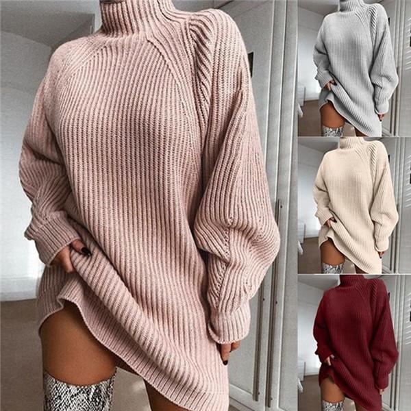 Solid Color Women Sweater Autumn and Winter Casual Loose Long Sleeved High Collar Pullover X-Long Sweaters Dresses Fashion Women Sweater