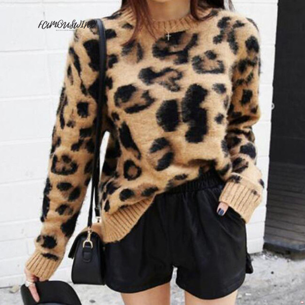 Print Leopard Cashmere Sweater Women Pullover Mohair Sweater V-Neck Korean Long Sleeve Knit Pullovers O-Neck Winter Warm Jumper Tops