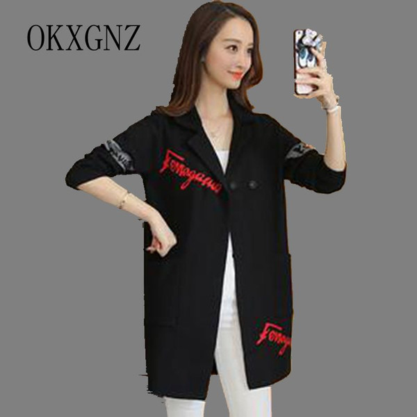 Wholesale- OKXGNZ Spring Women Clothing 2017 Korea New Fashion Big Yards Leisure Coat knitting Cardigan Medium Long Suit Coat QQ113