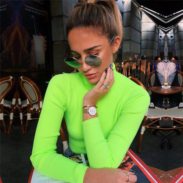 Autumn and Winter New Woman High Collar Long-sleeved Slim Sweater Tight Fluorescent Color Casual Sweater Female