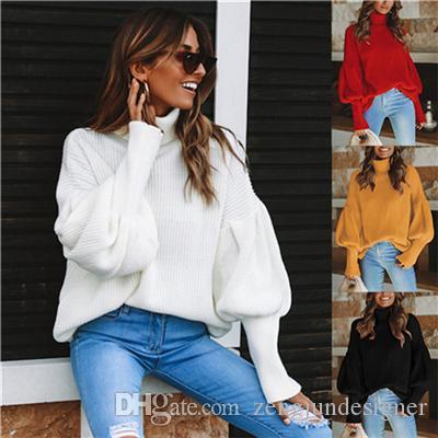 Womens Autumn Designer Fashion Sweater Turtleneck Lantern Sleeve Pullover Casual Cute Style Clothing