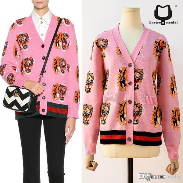 2019 New Autumn and Winter Women Knitwear Covered Tiger Head Print V-Neck Knit Shirt Cardigan Sweater Womens Outwear designer sweater women