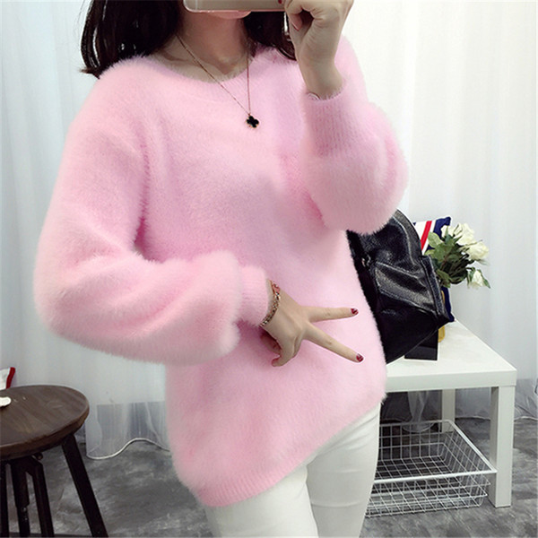 Korean Mink Cashmere Sweater Women's Sweaters And Pullovers Autumn Winter Long-Haired Female Pink Color Knit Pullover Sweaters