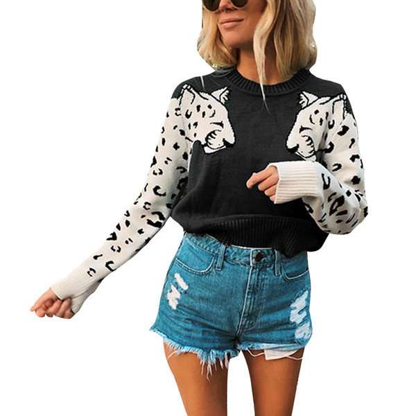 Womens Knitted Sweater Leopard Long Sleeve Tops Ladies Casual Knit Loose Jumper Pullover Autumn Winter Warm Knitwear Female New