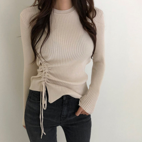 Korean Spring Autumn Woman Bodycon Sweater Long Sleeve Knit Pullover Lace-up Woman Sweater Knit Women