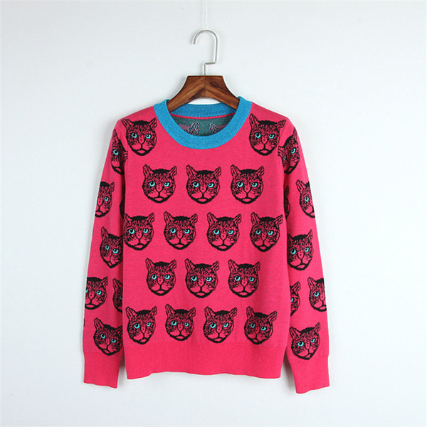 2019 Autumn Winter Cats Print Women Rose Sweaters and Pullovers Runway Long Sleeve Female Knitted Sweater Jumper Clothes