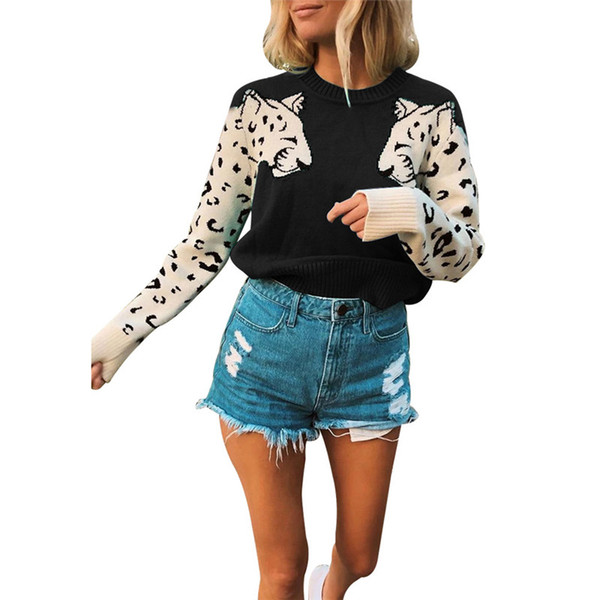 Designer Womens Leopard Sweater Fashion Pullover Long Sleeves Tops Female Patchwork Printed Sweater