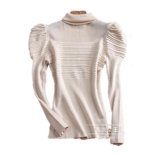 Wholesale-New Fashion Warm Autumn Winter Pullover Sweaters Turtleneck Sweater Long Puff Sleeve Mujer Women Soild Black Sweaters NS18