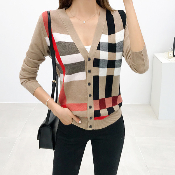 2019 Spring Autumn Woman Knitted Sweater Cardigans 2019 Korean Style Geometric Print Long Sleeve V Neck Single Breasted Sweater Tops