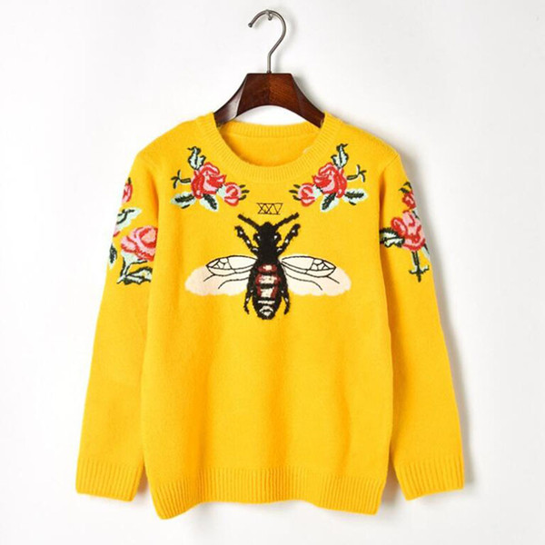 New Wool Winter Women Sweater Bee Flower Embroidery Luxury Yellow Knitted Sweater Vintage Warm Jumper Pullover