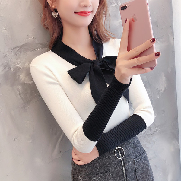 2019 Bow Tie Neck Sweater Women Fashion 2019 Autumn Spring Black Tops Women Knitted Pullovers Long Sleeve Jumper Pull Femme Clothing