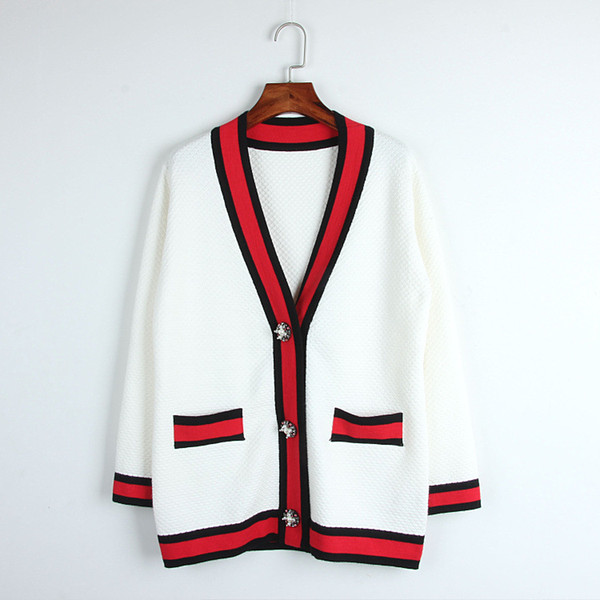 2017 Classic red black white stripes cardigan high-end pearl buckle loose V-neck knit outwear women ladies chic top cardigan