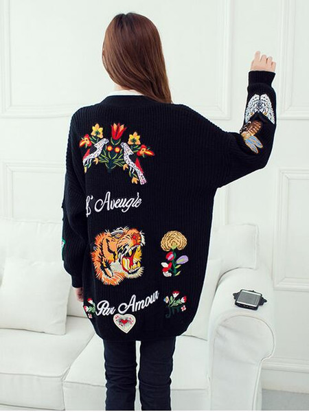 Wholesale- JOYINPARTY long sweater cardigan autumn 2017 female casual cardigan women sweater embroidered flowers tiger