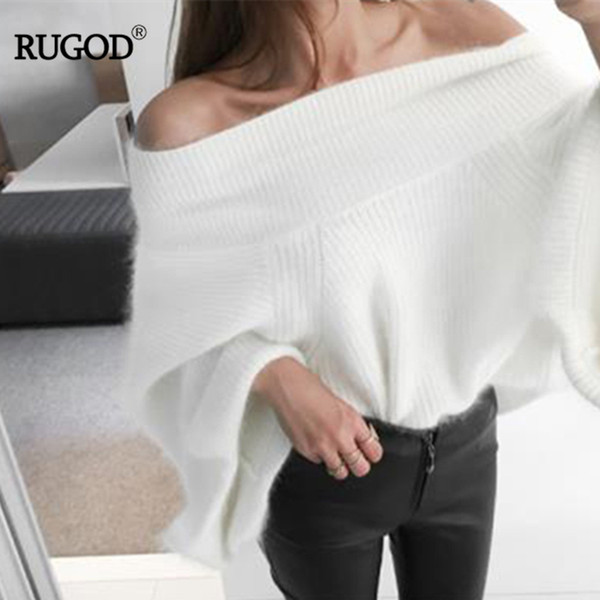 RUGOD 2018 Sexy Off Shoulder Knitted Sweater Women Solid Loose Flare Sleeve Pullover Jumpers Female Mink Cashmere Sweater poncho