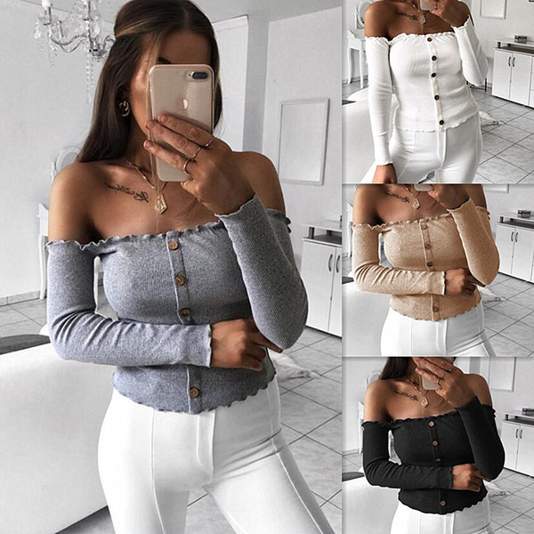 Maikun Brand New Sexy Skinny Off Shoulder Long Sleeve Sweater Fashion Button Pullover Sweater for Female