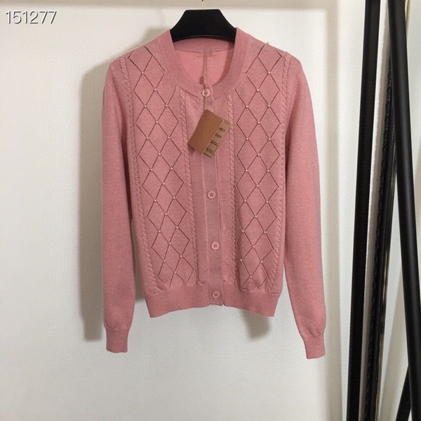 Women 2020 Autumn New Creamy-white / Pink Cardigan Knitted Stripes Pearl Single Breasted Hot Sale Casual High Quality Runway Wool Sweaters