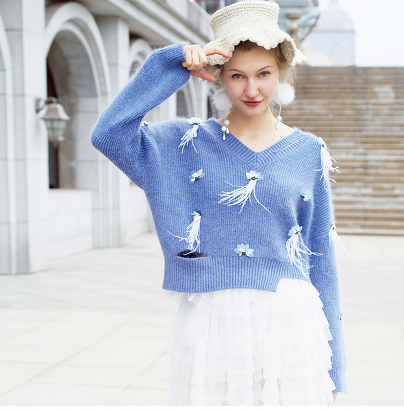 spring lake blue embroidery flower loose pullover warm sweater thin short slim fit knitted sweater blouse women designer clothes