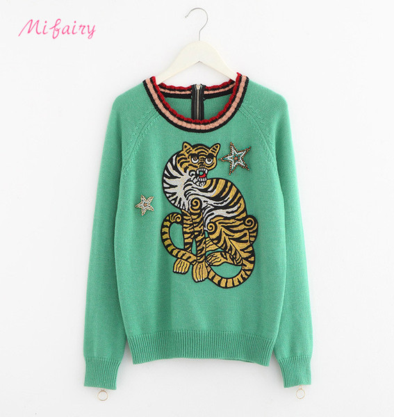 Free Shipping 2017 Green Long Sleeves Tiger Embroidery Women's Sweaters Brand Same Style Pullovers Women D061760